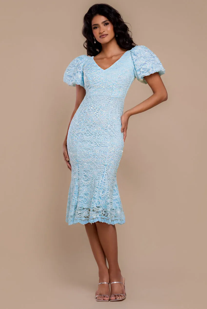 Scallop Lace Puff Sleeve Fit & Flare Midi Dress - Sky Blue by Goddiva sold by Goddiva