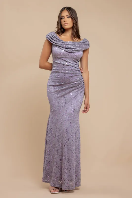 Cowl Neck Sequin Lace Maxi Dress - Dusky Purple by Goddiva sold by Goddiva