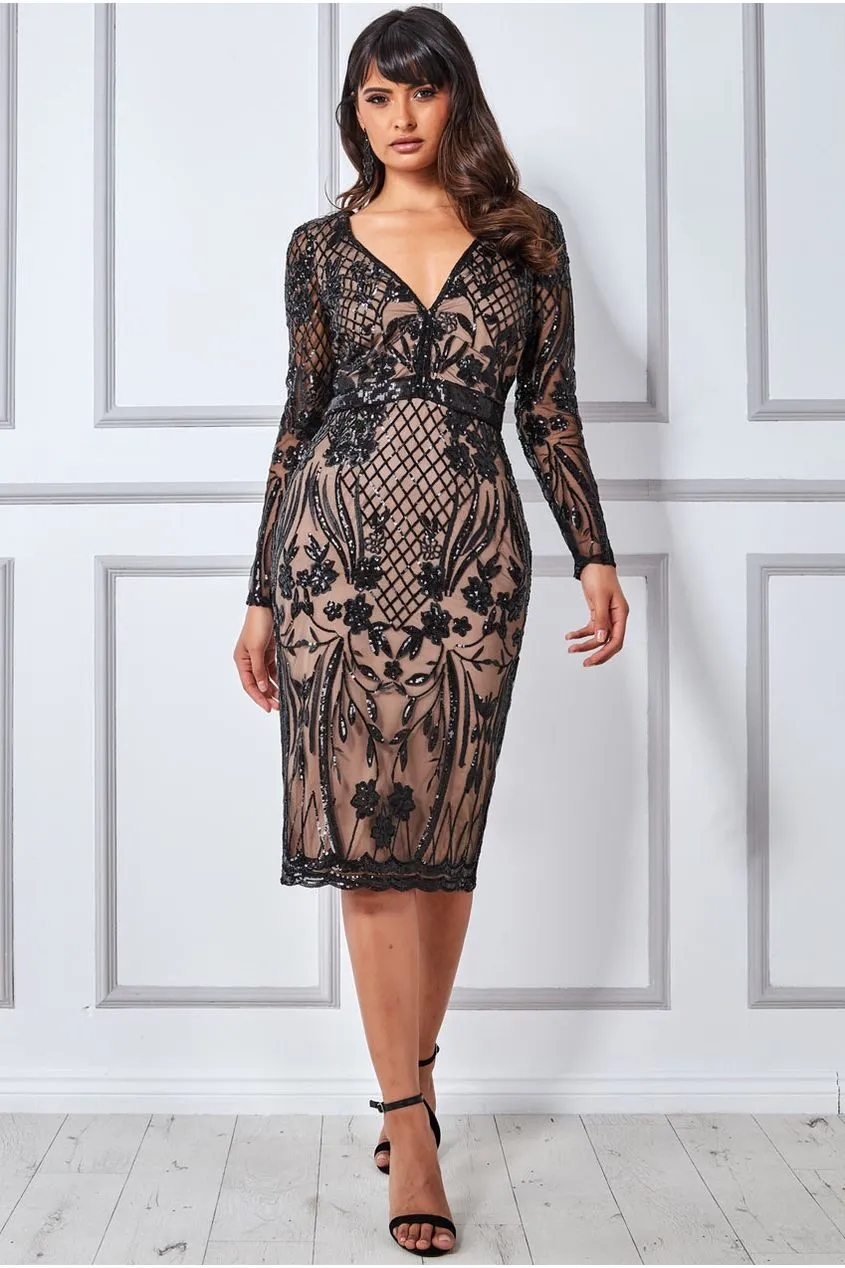 Full Sleeve Sequin Midi Dress - Black by Goddiva sold by Goddiva