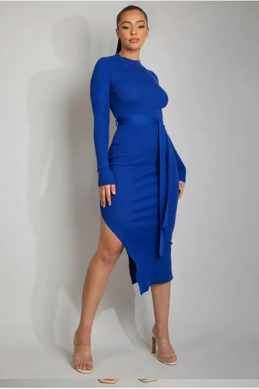 Ribbed Round Neck Belted Midi Dress by De La Creme Fashions sold by Goddiva