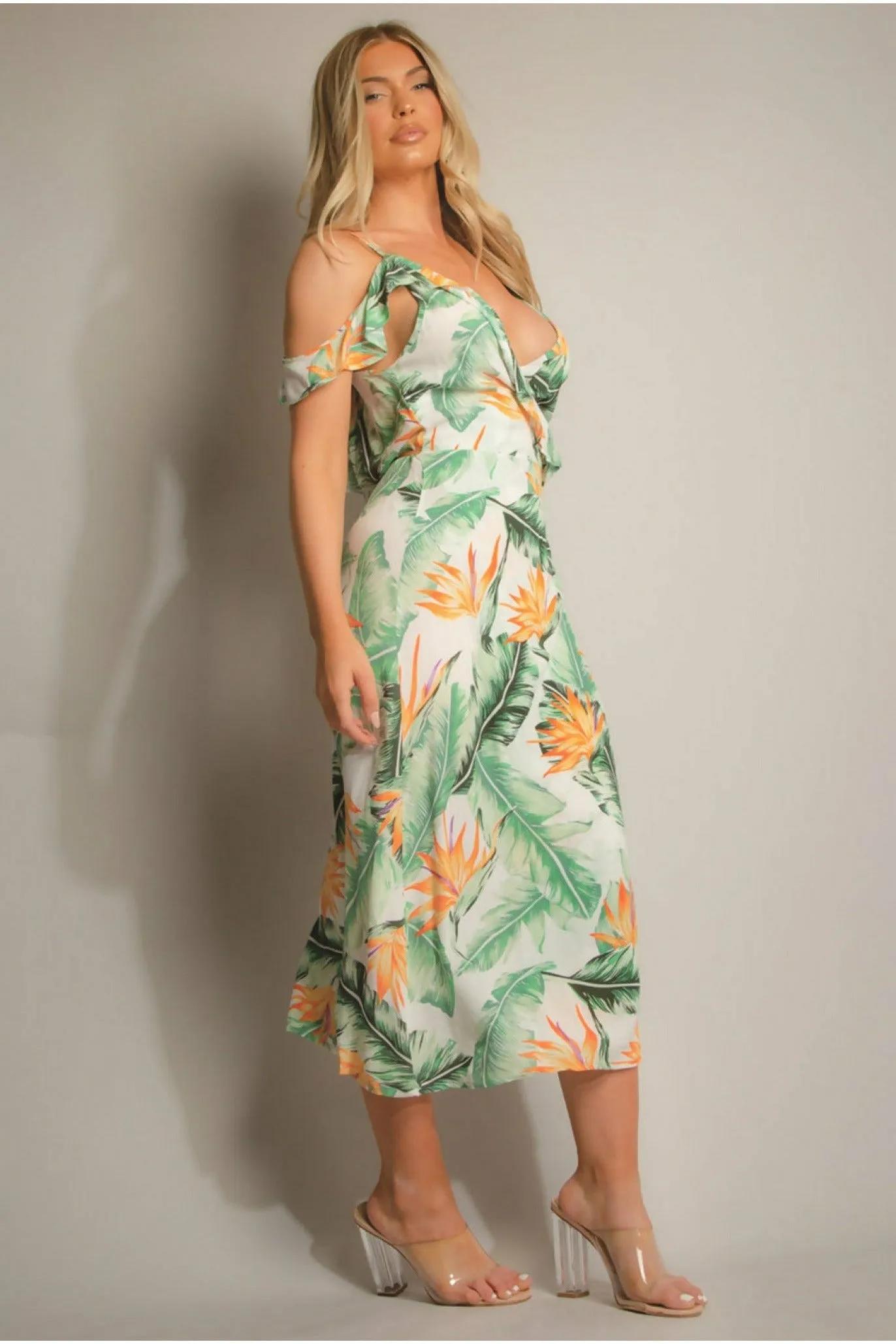 De La Creme Fashions Green Tropical Print Wrap Midi Dress sold by Goddiva product image thumbnail 3