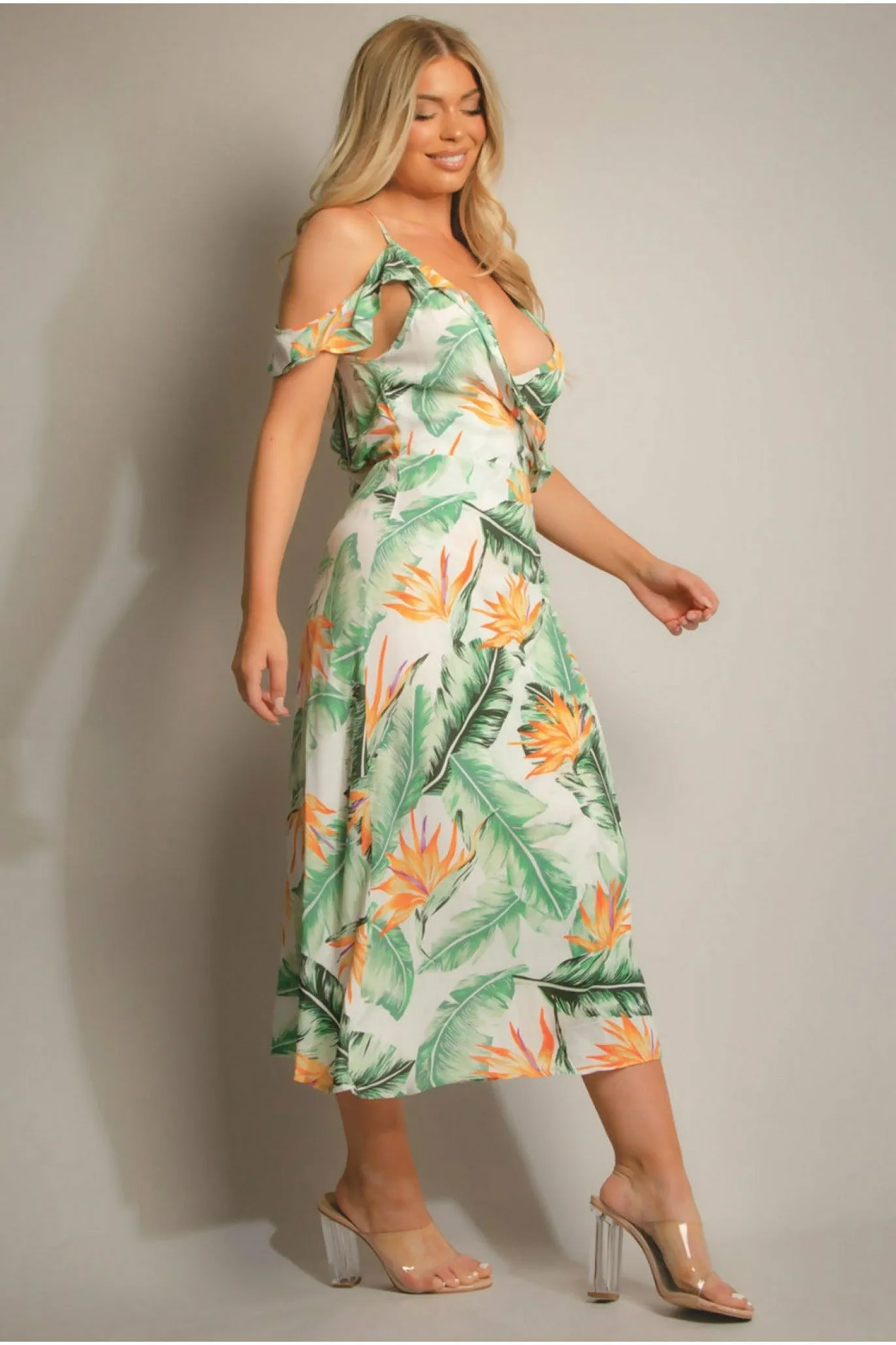 De La Creme Fashions Green Tropical Print Wrap Midi Dress sold by Goddiva product image thumbnail 4