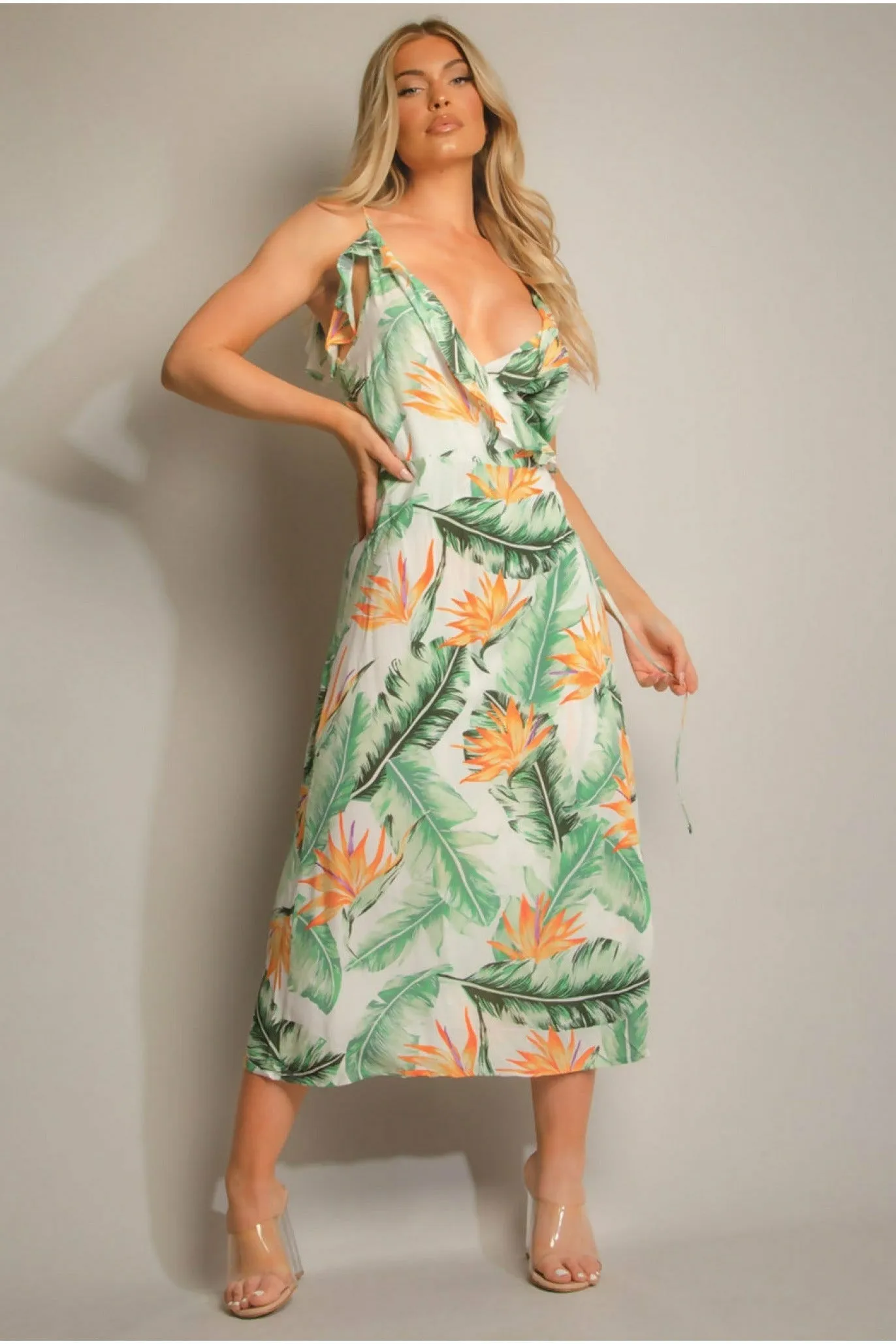 De La Creme Fashions Green Tropical Print Wrap Midi Dress sold by Goddiva product image thumbnail 2