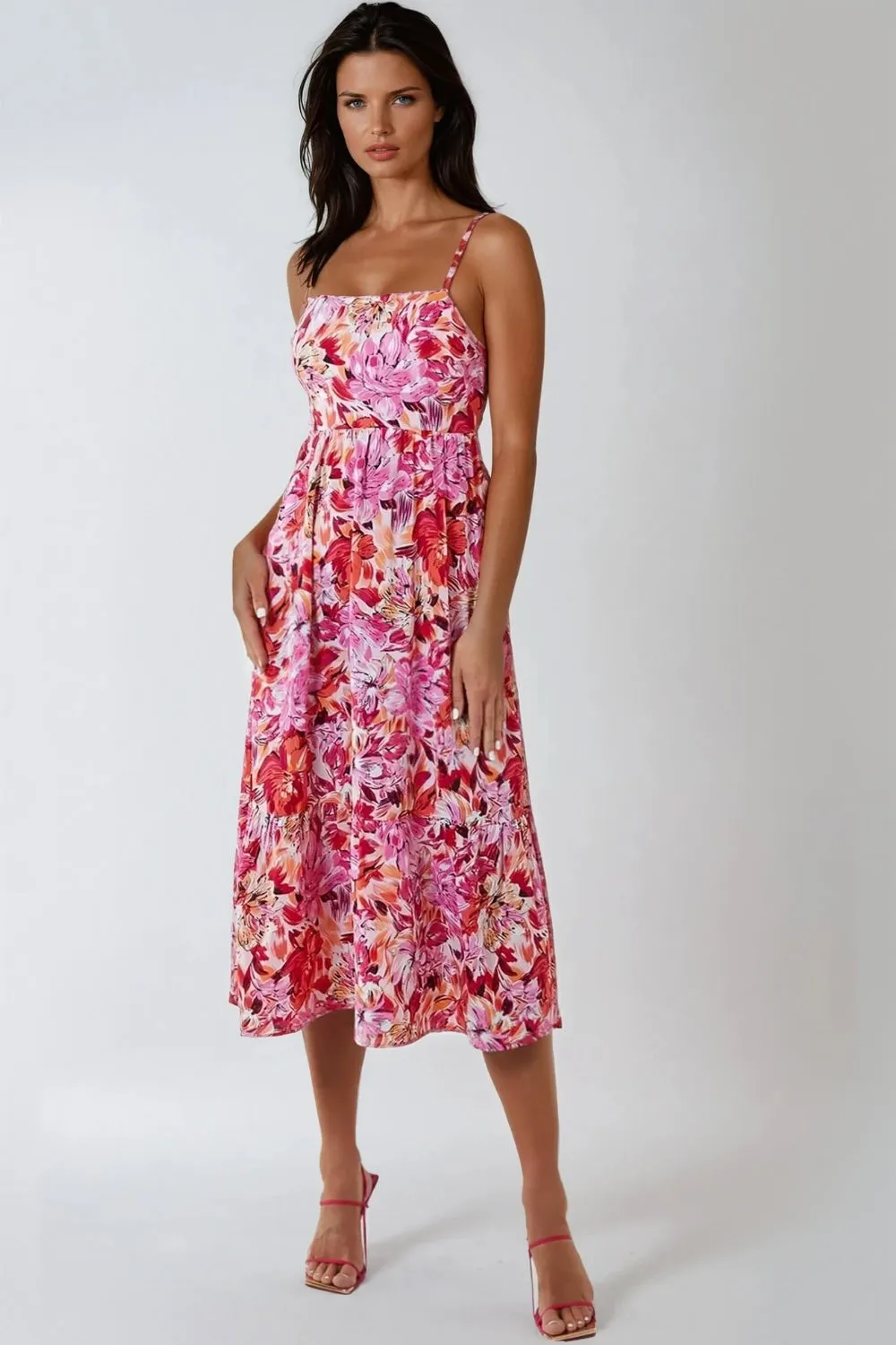 Pink Floral Cami Midi Dress With Cut Out Back by Aftershock London sold by Goddiva