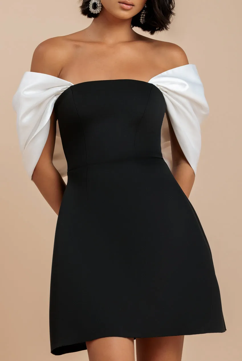 Contrast Off Shoulder Back Satin Bow Scuba Mini Dress - Black Cream by Goddiva sold by Goddiva product image thumbnail 3