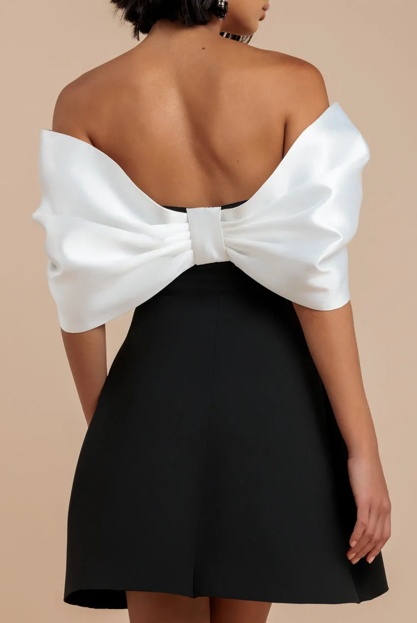 Contrast Off Shoulder Back Satin Bow Scuba Mini Dress - Black Cream by Goddiva sold by Goddiva product image thumbnail 4