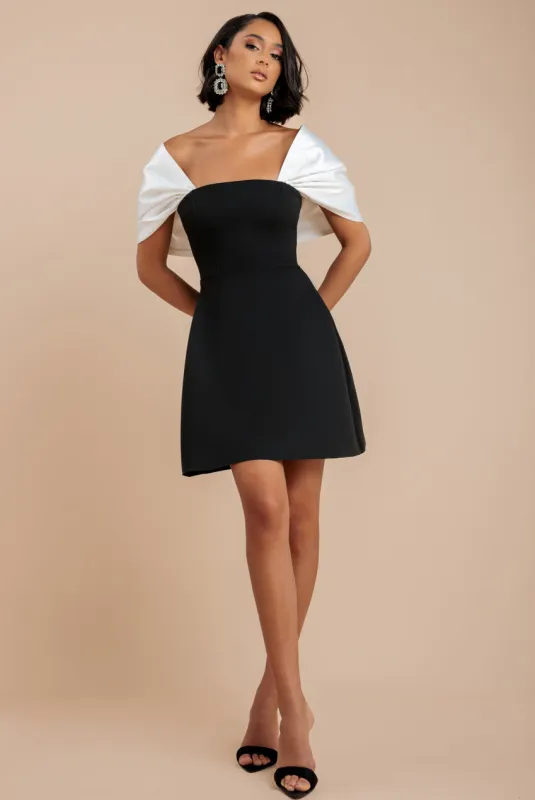 Contrast Off Shoulder Back Satin Bow Scuba Mini Dress - Black Cream by Goddiva sold by Goddiva
