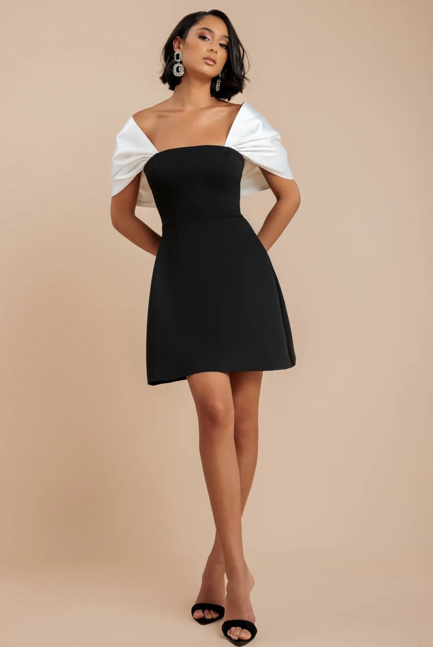 Contrast Off Shoulder Back Satin Bow Scuba Mini Dress - Black Cream by Goddiva sold by Goddiva