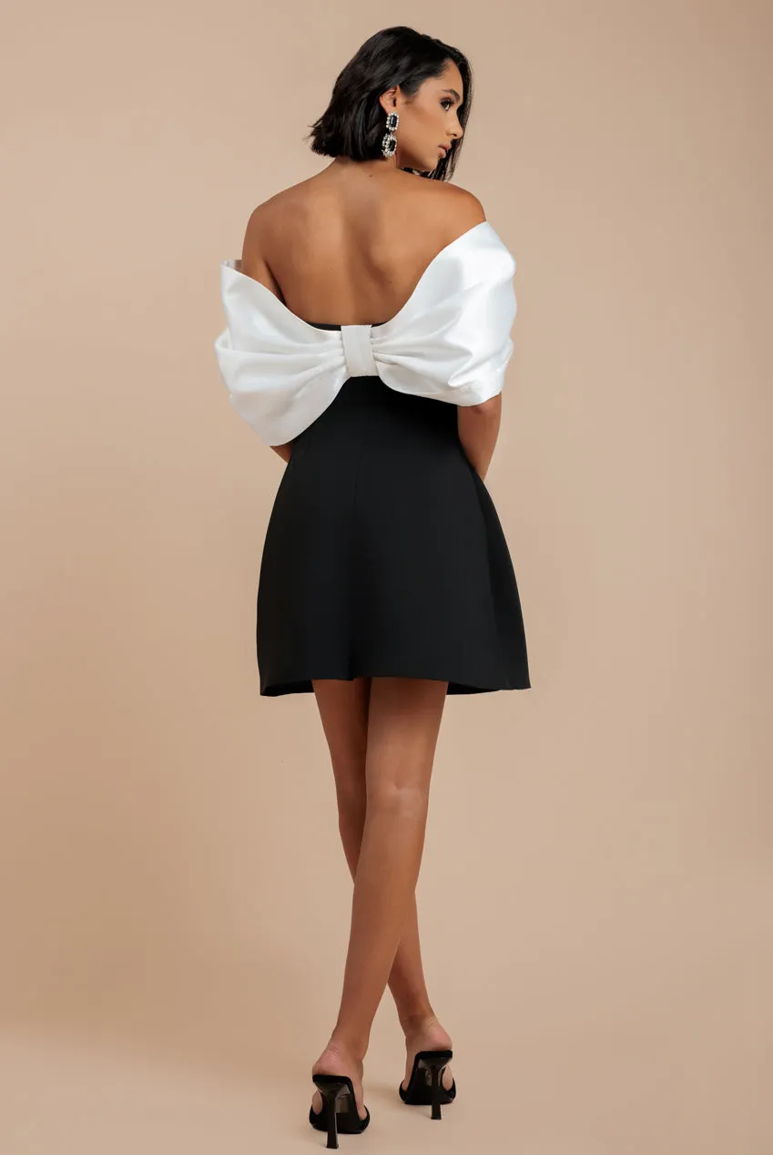 Contrast Off Shoulder Back Satin Bow Scuba Mini Dress - Black Cream by Goddiva sold by Goddiva product image thumbnail 2
