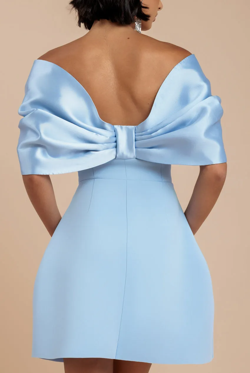Off Shoulder Back Satin Bow Scuba Mini Dress - Light Blue by Goddiva sold by Goddiva product image thumbnail 4