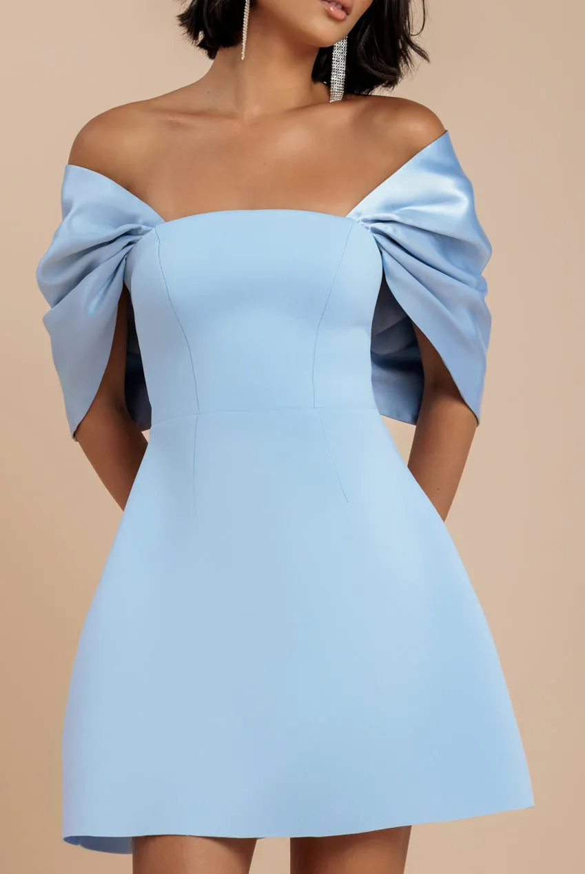 Off Shoulder Back Satin Bow Scuba Mini Dress - Light Blue by Goddiva sold by Goddiva product image thumbnail 3