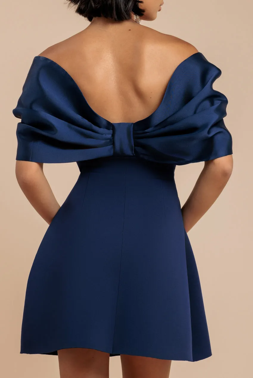 Off Shoulder Back Satin Bow Scuba Mini Dress - Navy Blue by Goddiva sold by Goddiva product image thumbnail 5