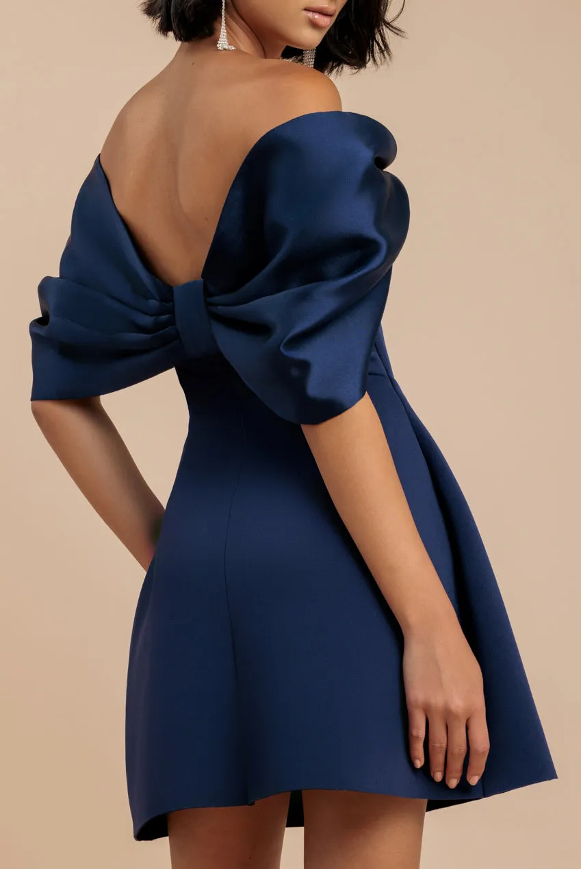 Off Shoulder Back Satin Bow Scuba Mini Dress - Navy Blue by Goddiva sold by Goddiva product image thumbnail 4