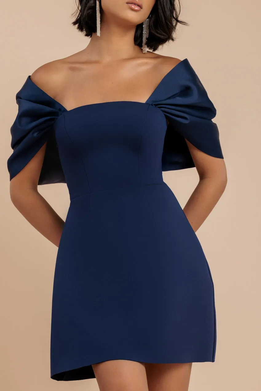 Off Shoulder Back Satin Bow Scuba Mini Dress - Navy Blue by Goddiva sold by Goddiva product image thumbnail 3