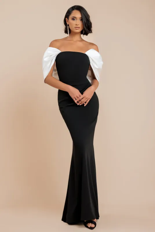 Contrast Off Shoulder Back Satin Bow Scuba Maxi Dress - Black Cream by Goddiva sold by Goddiva