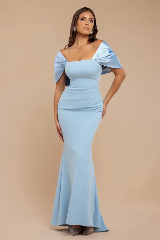 Off Shoulder Back Satin Bow Scuba Maxi Dress - Light Blue by Goddiva sold by Goddiva