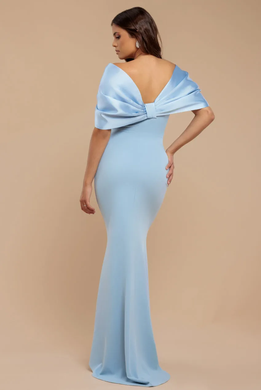 Off Shoulder Back Satin Bow Scuba Maxi Dress - Light Blue by Goddiva sold by Goddiva product image thumbnail 2