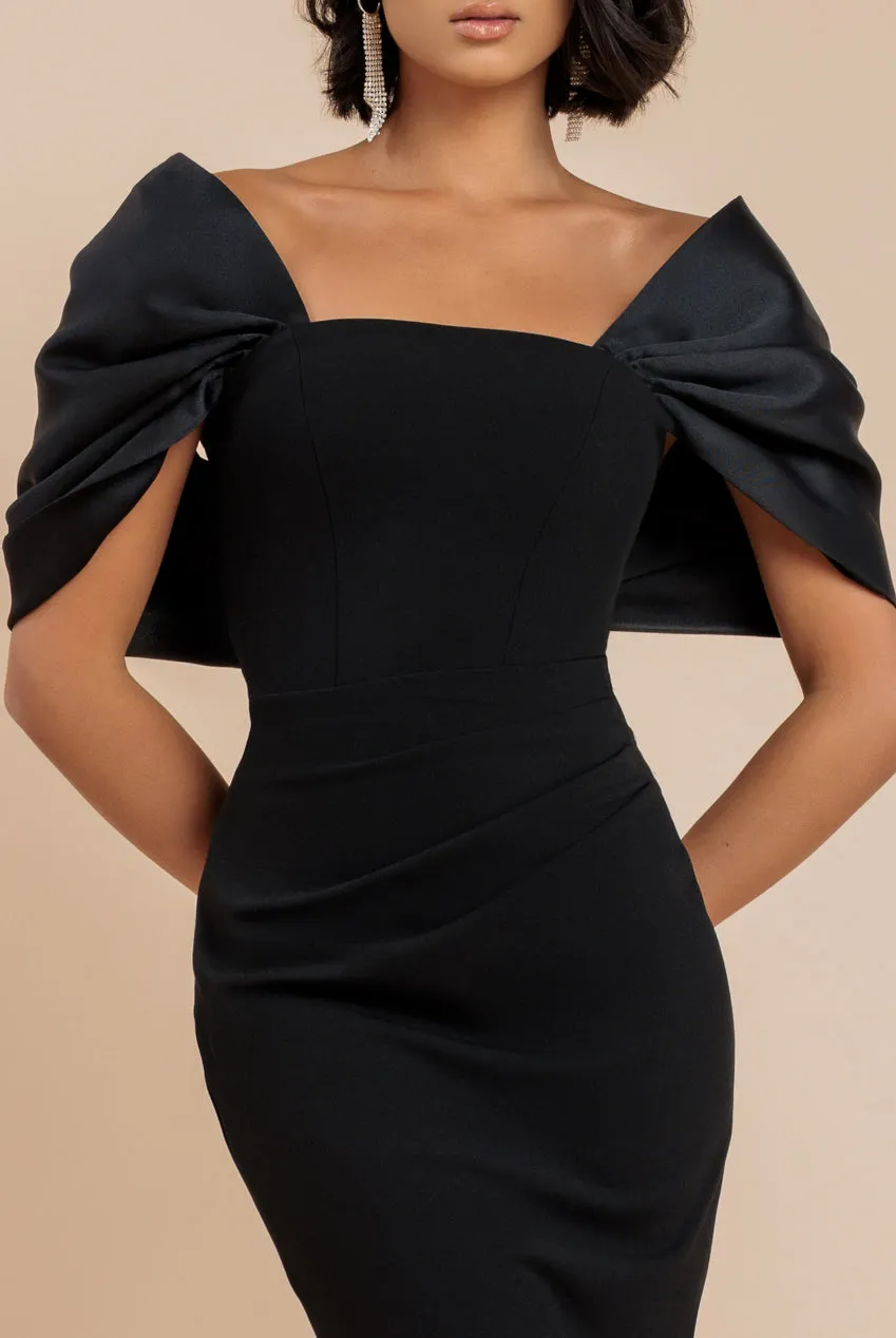 Off Shoulder Back Satin Bow Scuba Maxi Dress - Black by Goddiva sold by Goddiva product image thumbnail 3