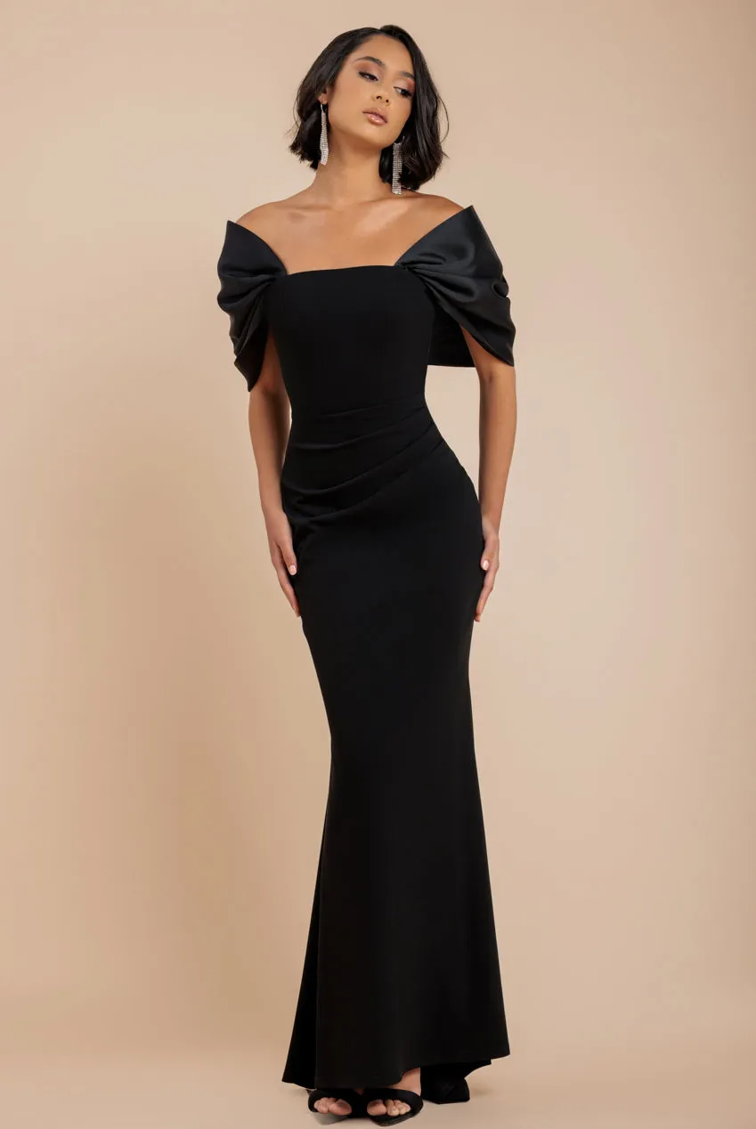 Off Shoulder Back Satin Bow Scuba Maxi Dress - Black by Goddiva sold by Goddiva