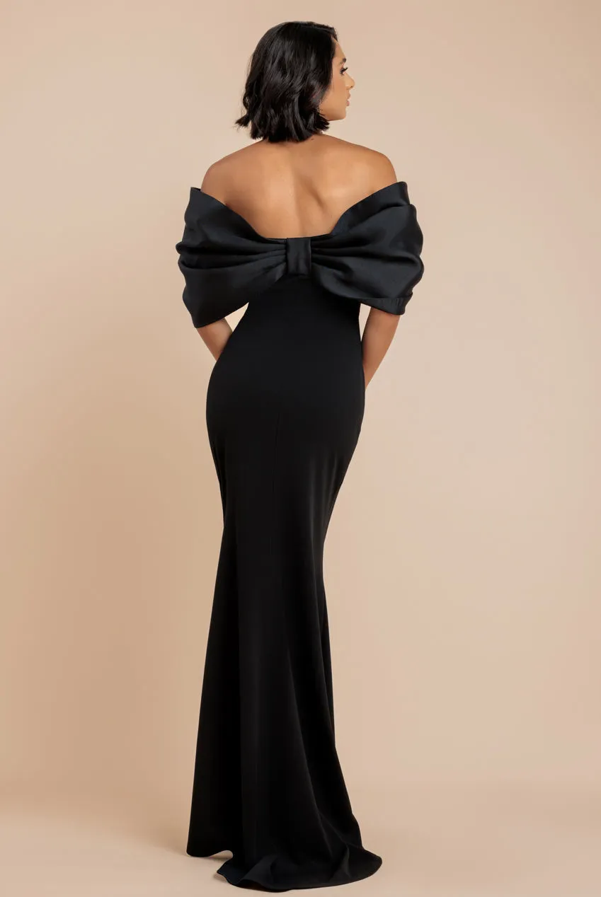 Off Shoulder Back Satin Bow Scuba Maxi Dress - Black by Goddiva sold by Goddiva product image thumbnail 2