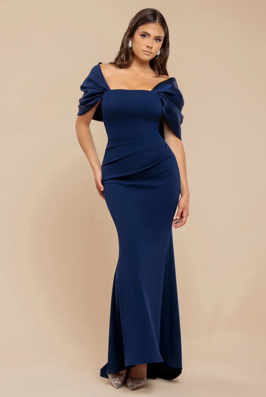 Off Shoulder Back Satin Bow Scuba Maxi Dress - Navy Blue by Goddiva sold by Goddiva
