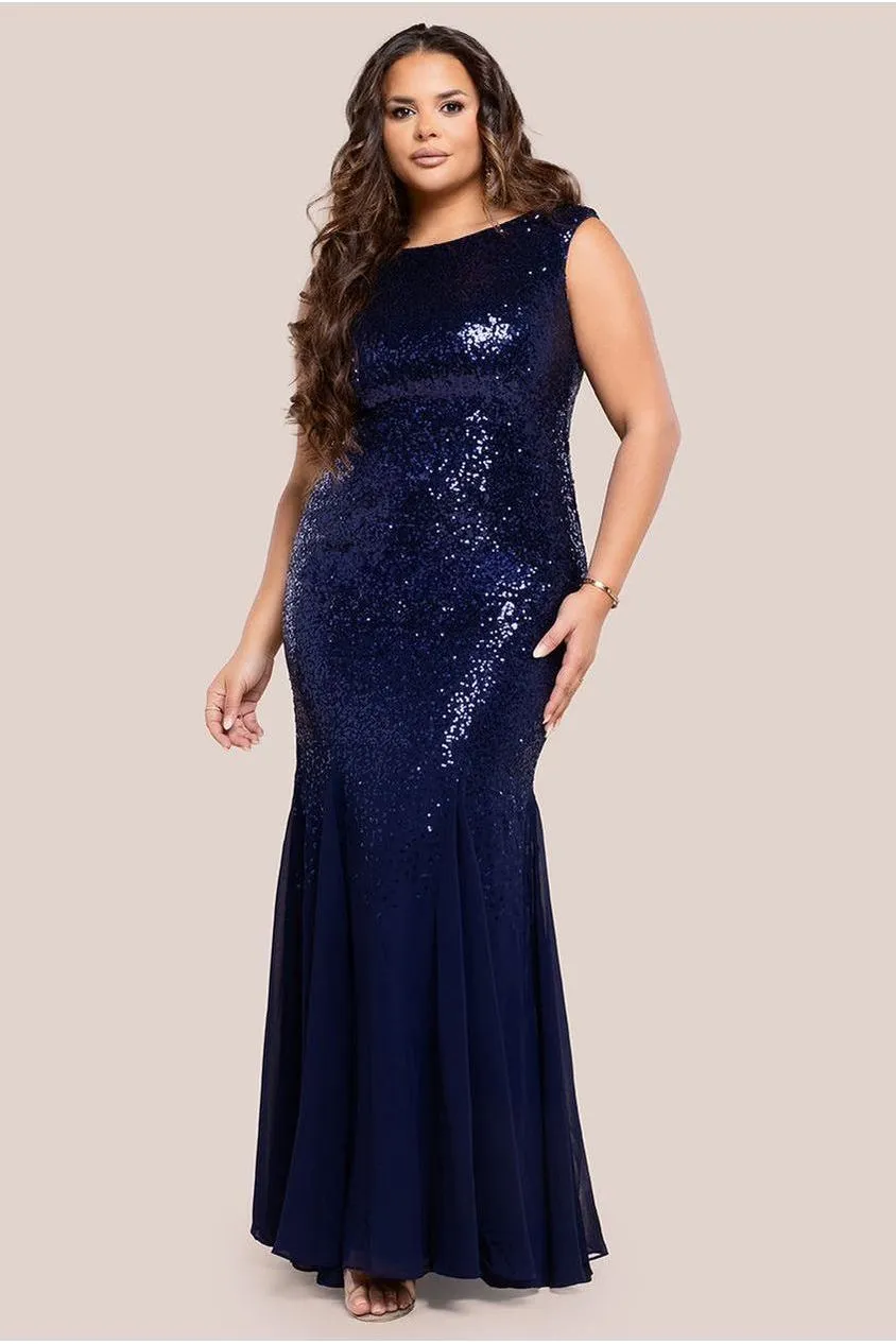 Chiffon & Sequin Embroidered Bardot Maxi Dress - Navy Blue by Goddiva Plus sold by Goddiva