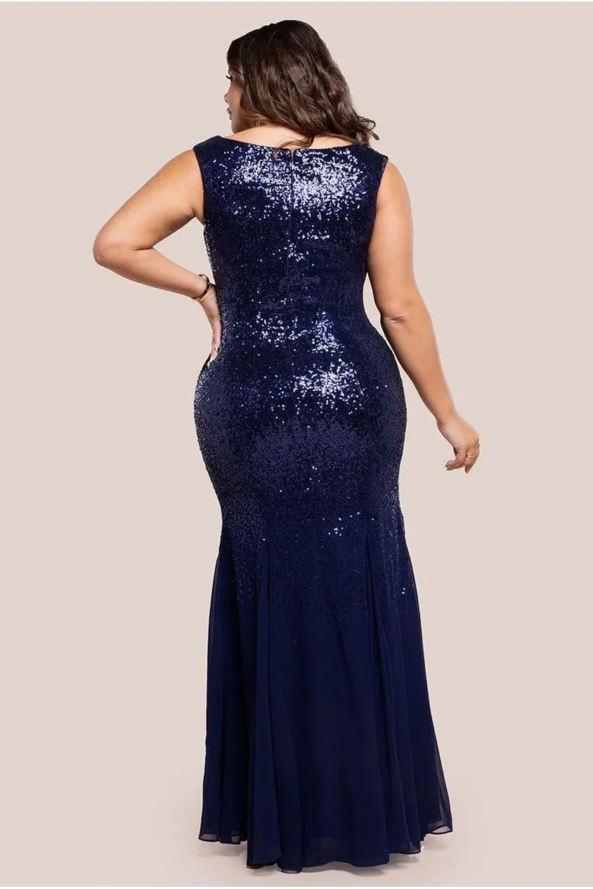 Chiffon & Sequin Embroidered Bardot Maxi Dress - Navy Blue by Goddiva Plus sold by Goddiva product image thumbnail 2