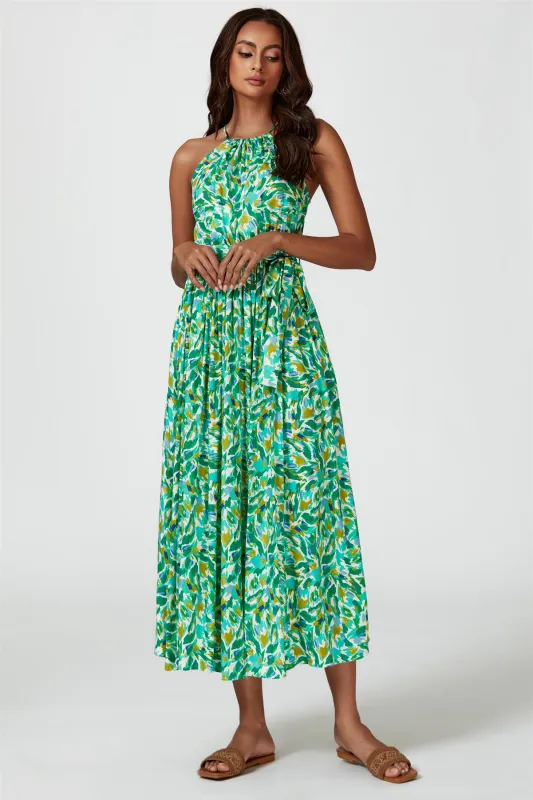 Abstract Print Tie Halterneck Maxi Dress In Green by FS Collection sold by Goddiva