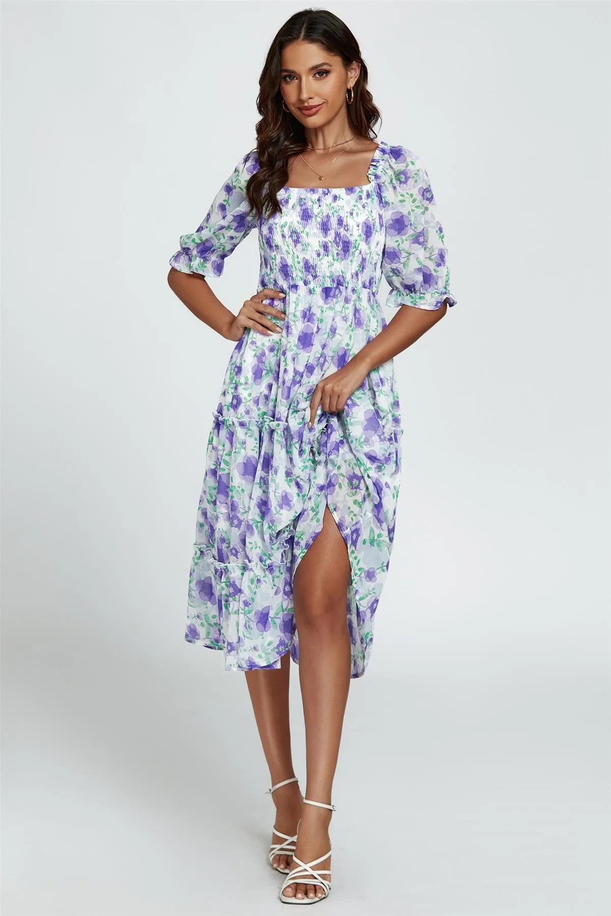 Floral Print Bardot Puff Sleeve Elasticated Detail Midi Dress In White by FS Collection sold by Goddiva product image thumbnail 5