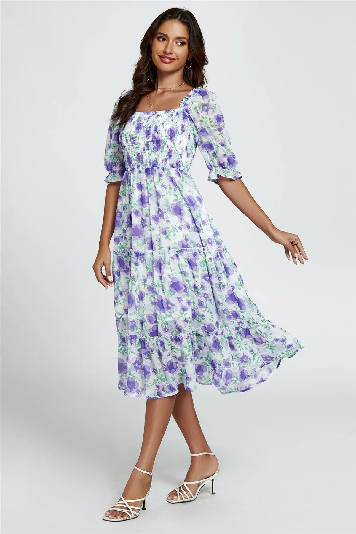 Floral Print Bardot Puff Sleeve Elasticated Detail Midi Dress In White by FS Collection sold by Goddiva product image thumbnail 2