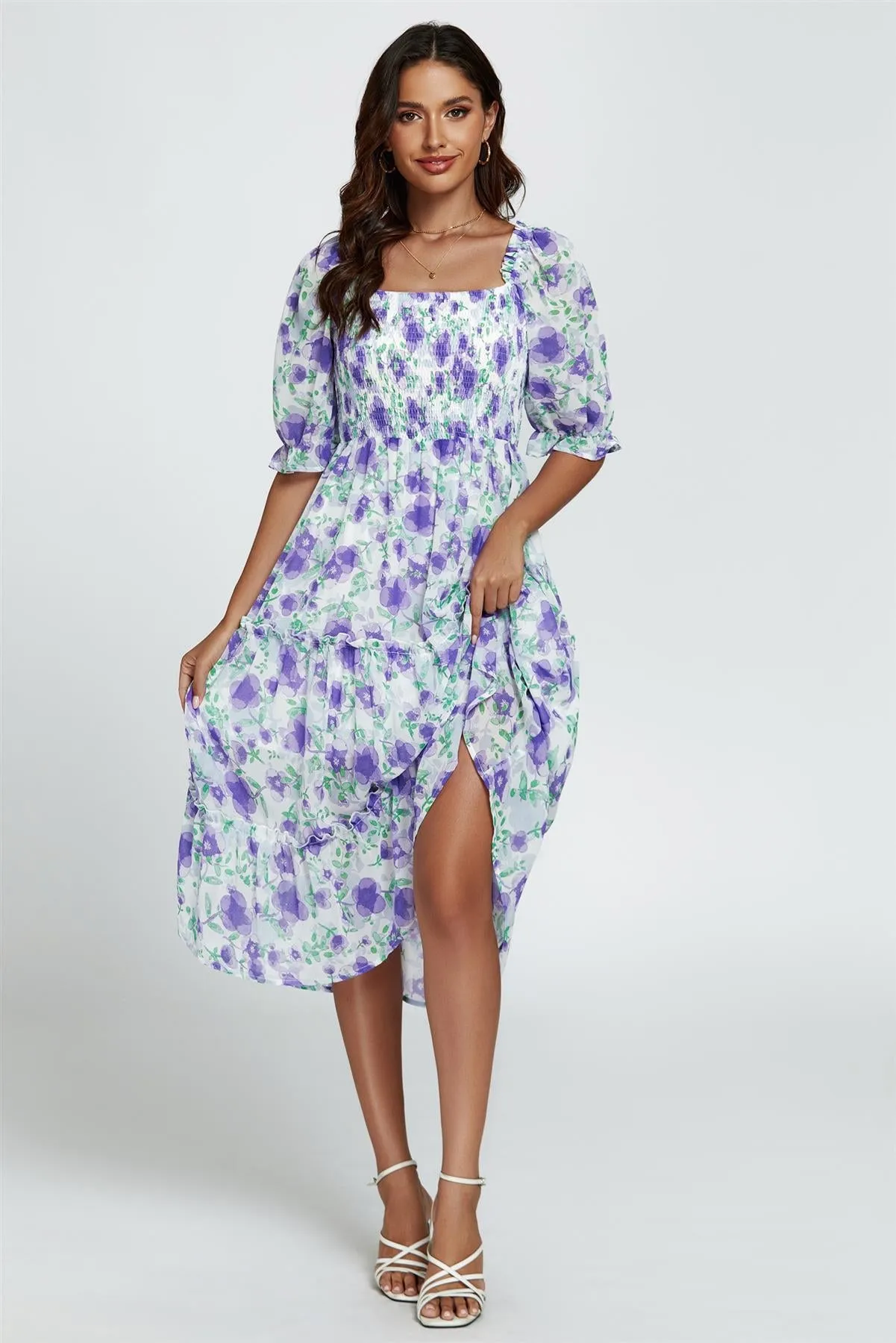 Floral Print Bardot Puff Sleeve Elasticated Detail Midi Dress In White by FS Collection sold by Goddiva product image thumbnail 4