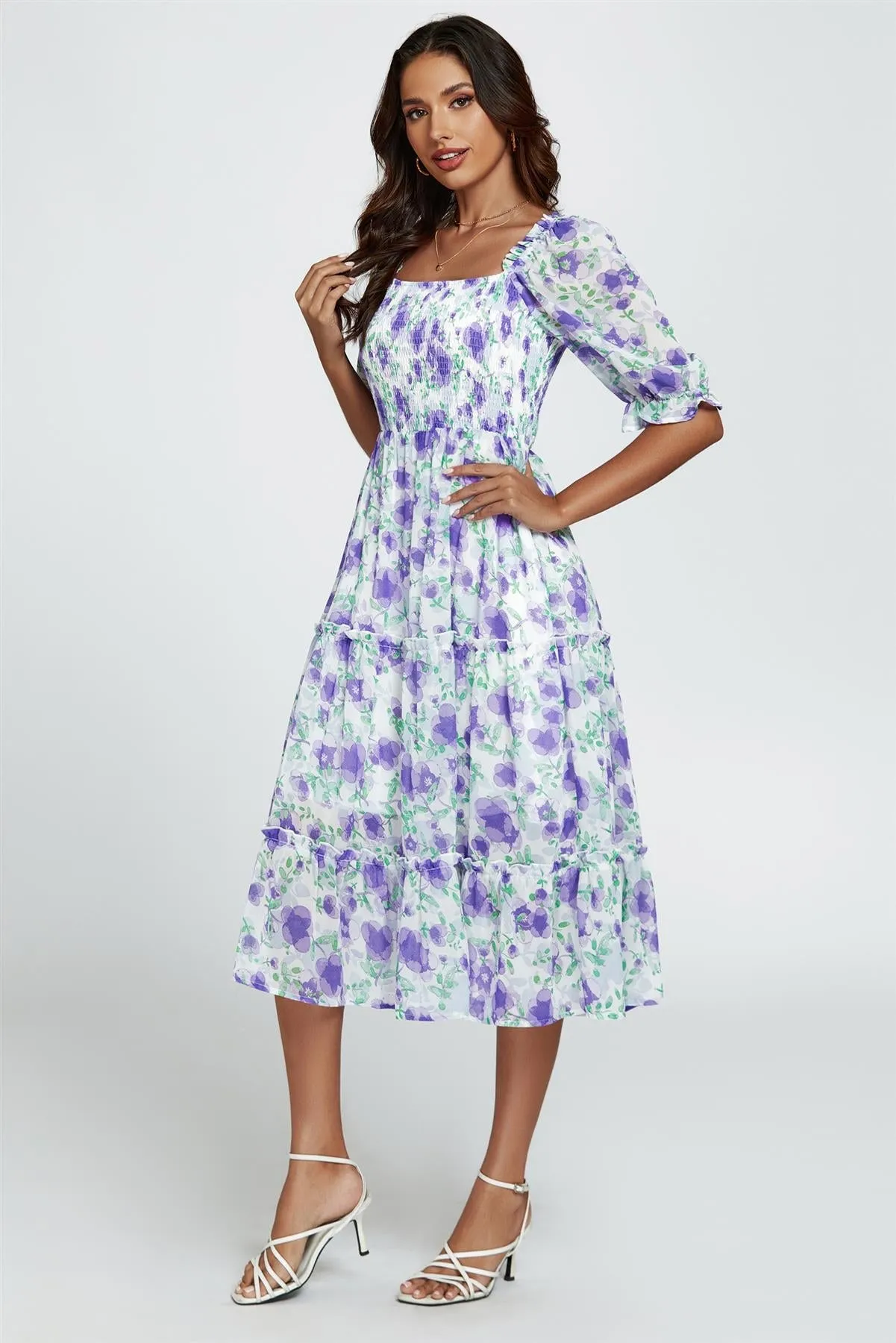 Floral Print Bardot Puff Sleeve Elasticated Detail Midi Dress In White by FS Collection sold by Goddiva