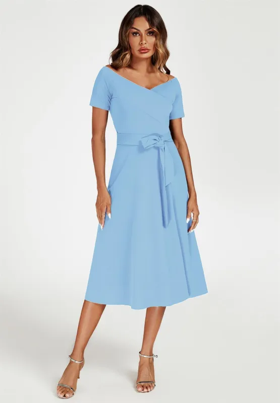 Bardot Midi Dress In Light Blue by FS Collection sold by Goddiva