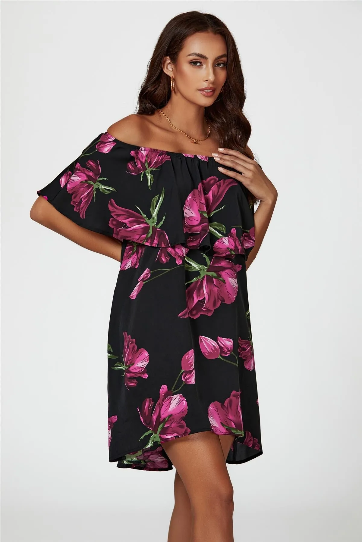 Pink Floral Print Bardot Frill Off Shoulder Mini Dress In Black by FS Collection sold by Goddiva product image thumbnail 3