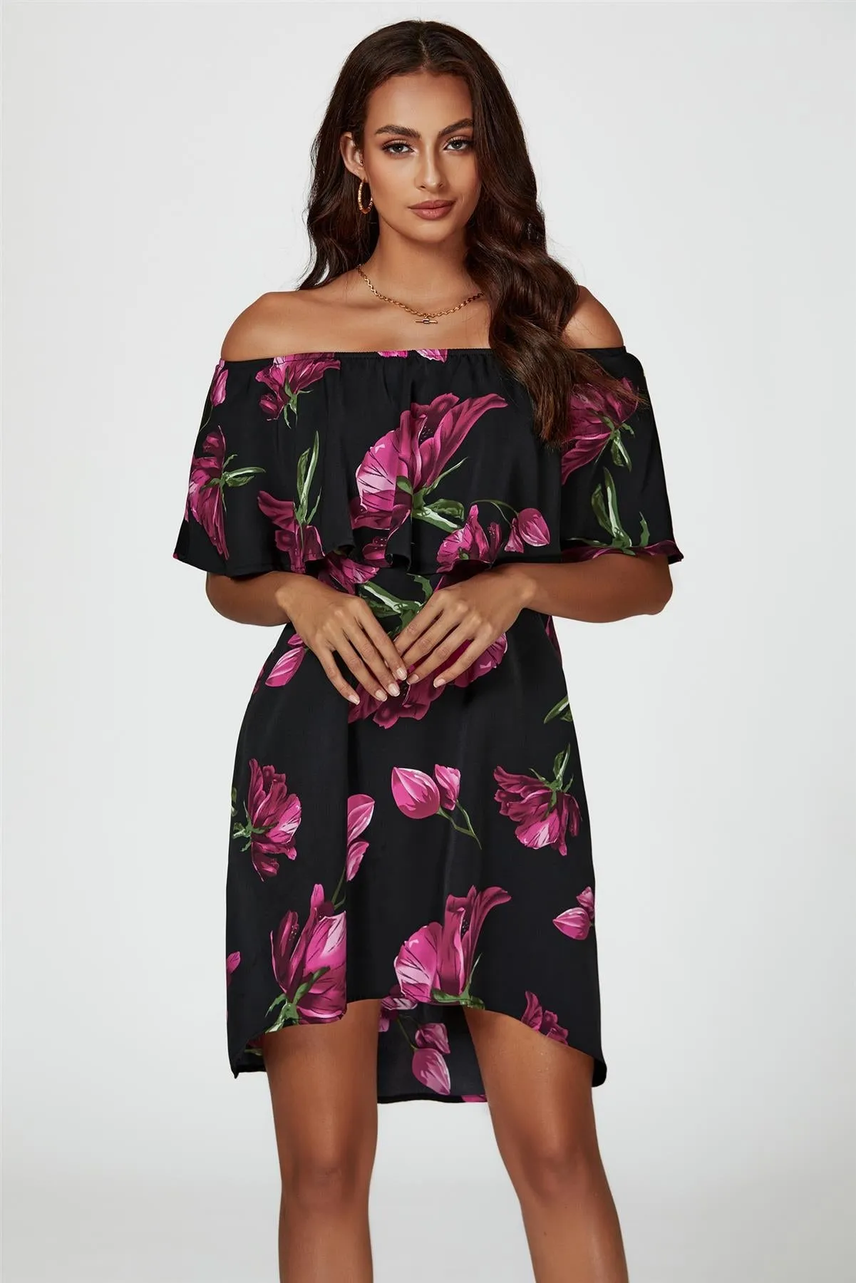 Pink Floral Print Bardot Frill Off Shoulder Mini Dress In Black by FS Collection sold by Goddiva