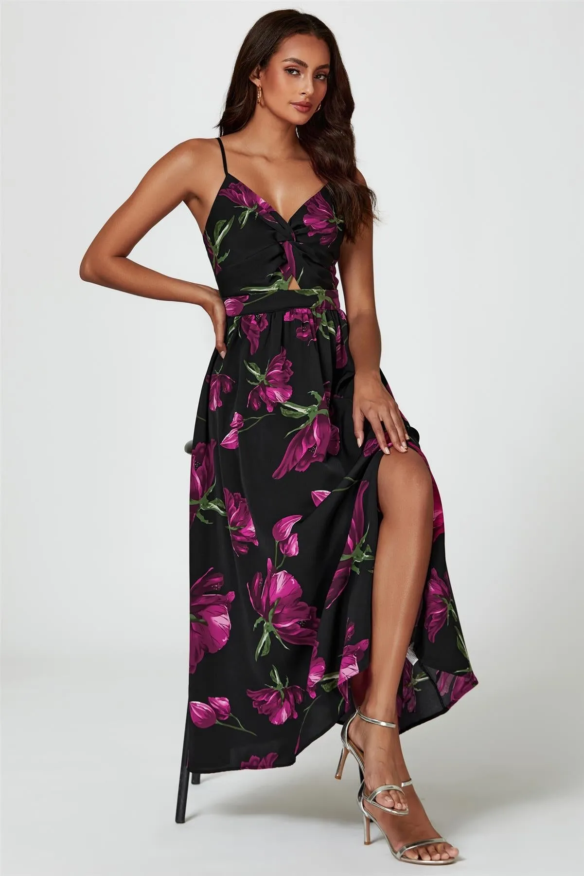 Floral Print Maxi Dress In Black by FS Collection sold by Goddiva product image thumbnail 5