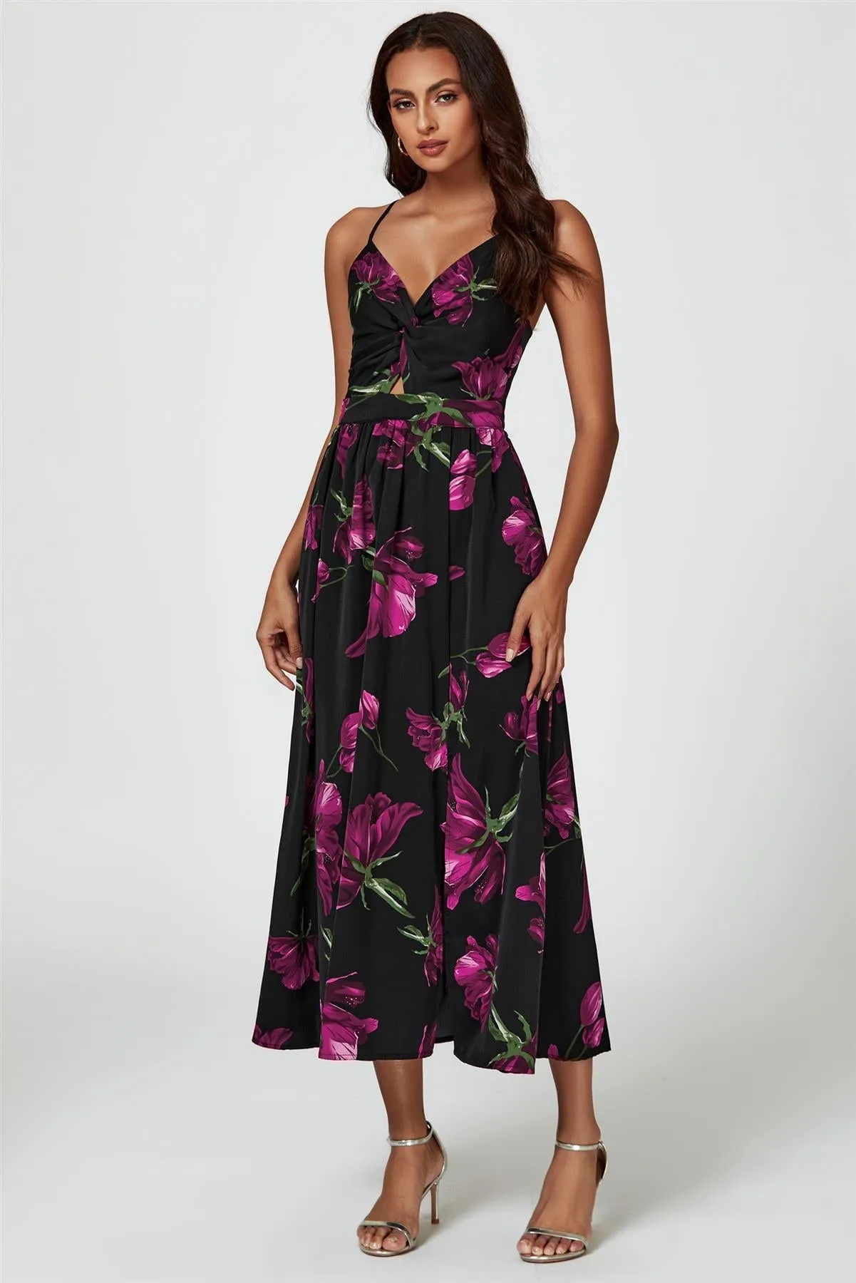 Floral Print Maxi Dress In Black by FS Collection sold by Goddiva product image thumbnail 2
