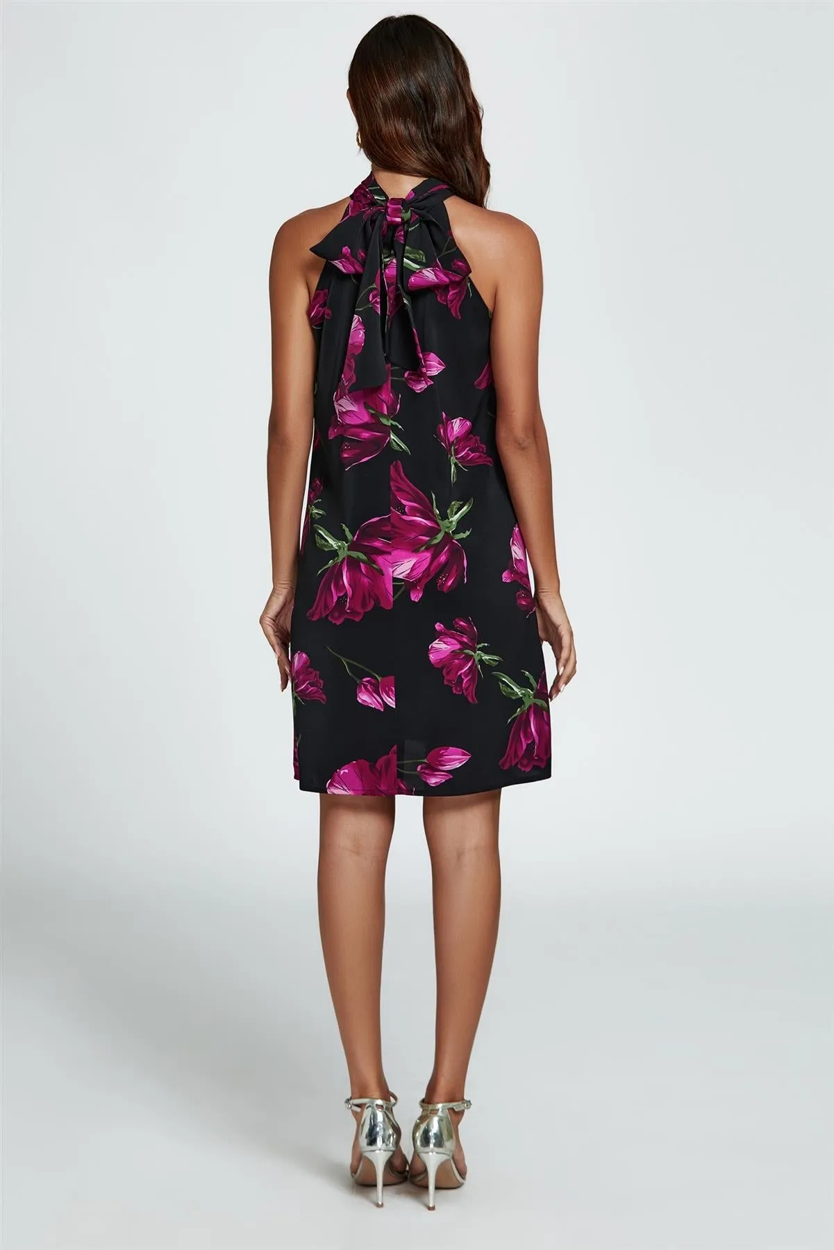 Floral Print Halter Neck Tie Back Mini Dress In Black by FS Collection sold by Goddiva product image thumbnail 5