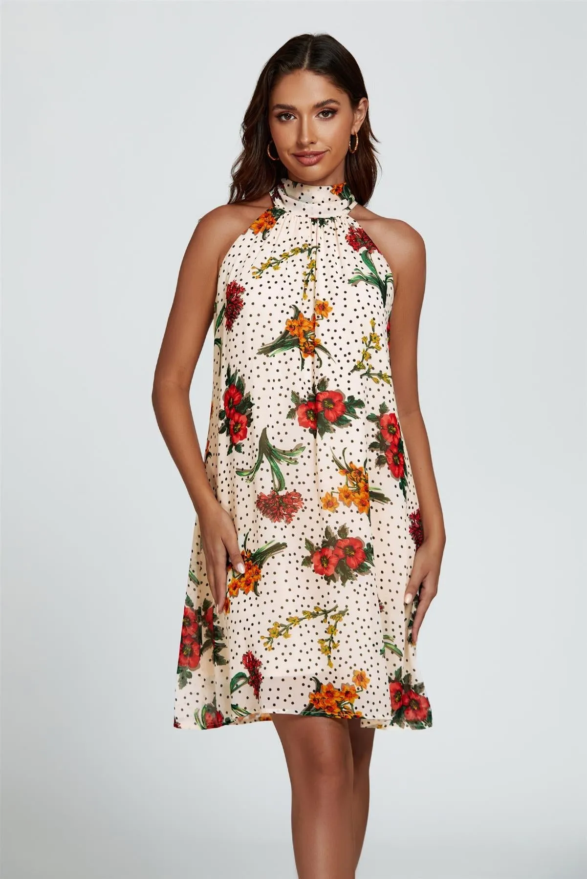 Floral Print Halter Neck Tie Back Mini Dress In Off White by FS Collection sold by Goddiva product image thumbnail 5