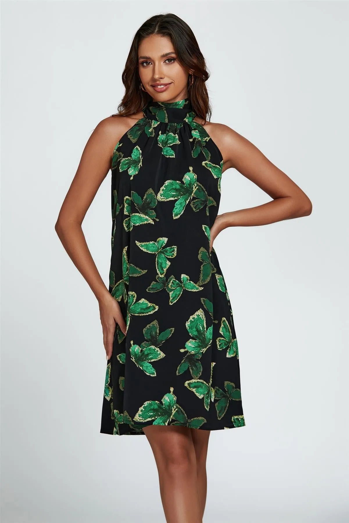 Butterfly Print Halter Neck Tie Back Mini Dress In Green by FS Collection sold by Goddiva