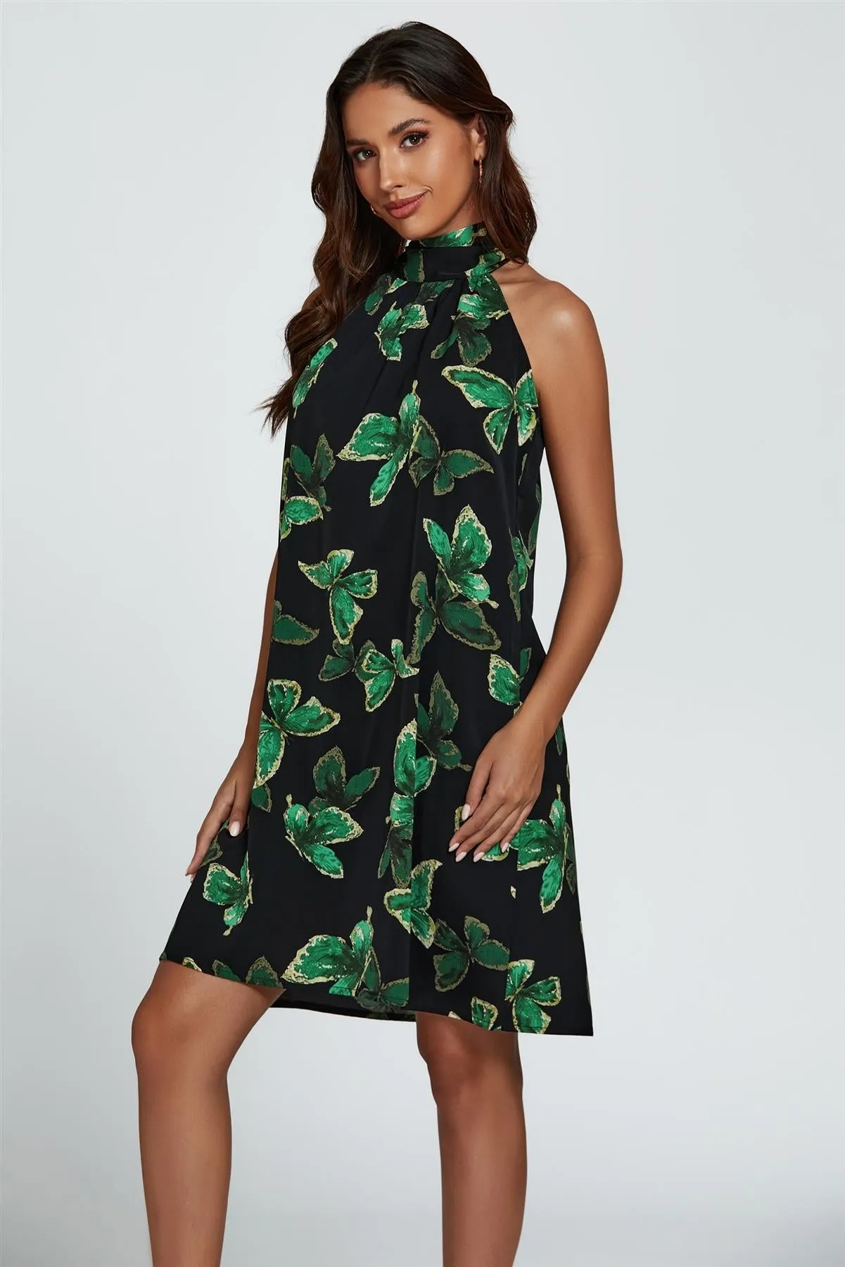Butterfly Print Halter Neck Tie Back Mini Dress In Green by FS Collection sold by Goddiva product image thumbnail 2