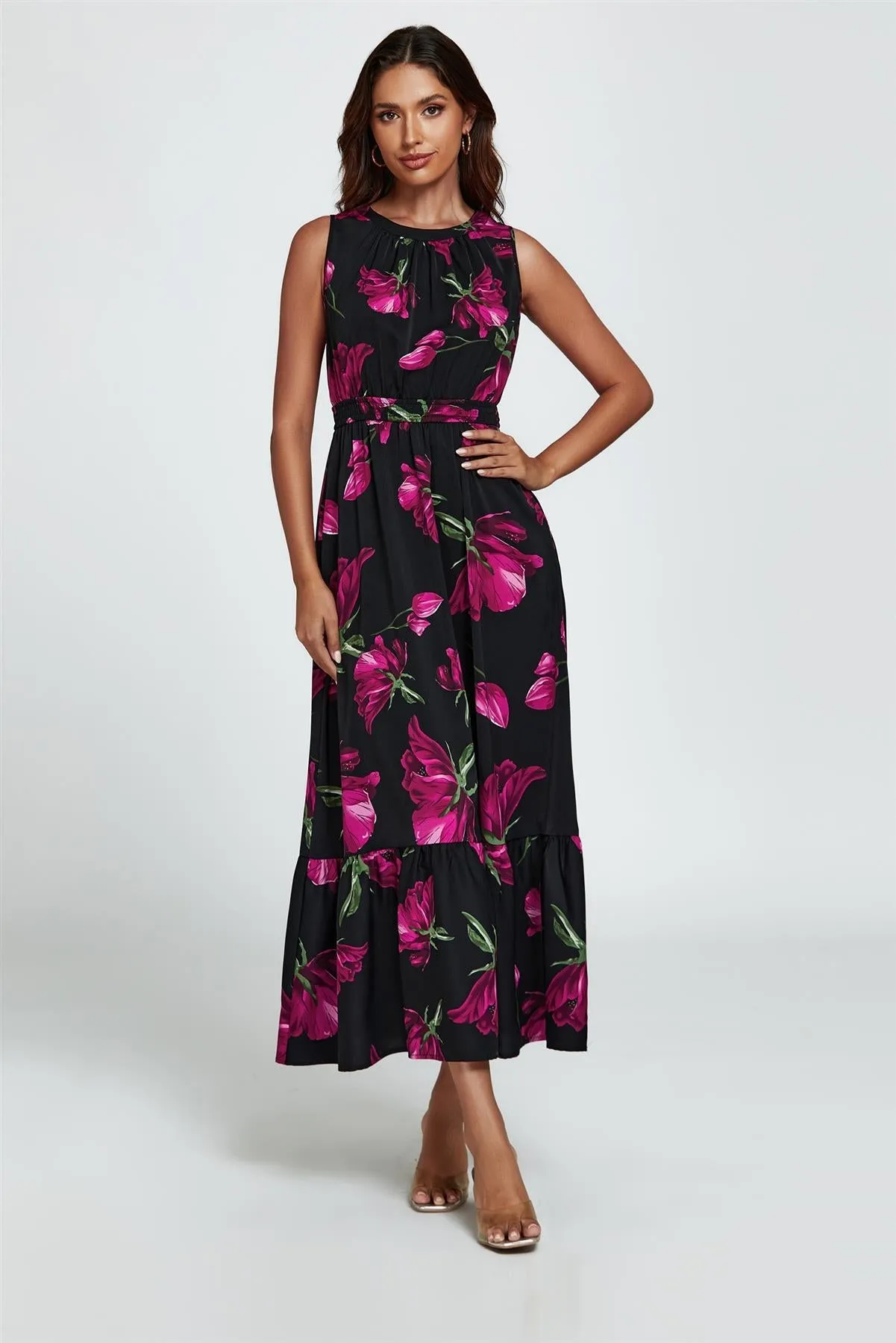 Floral Print Halterneck Maxi Dress In Black by FS Collection sold by Goddiva