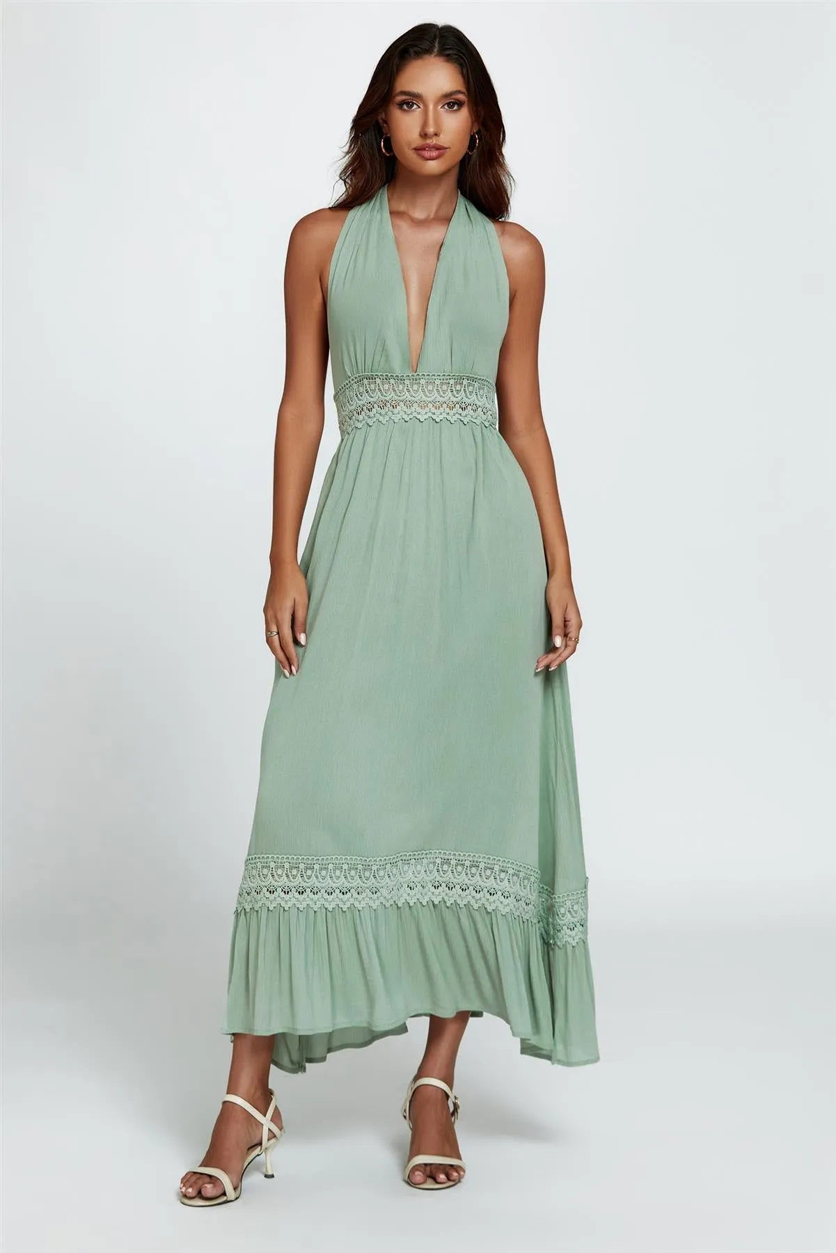 Lace Detail Adjustable Deep V Neckline Maxi Dress In Green by FS Collection sold by Goddiva product image thumbnail 3