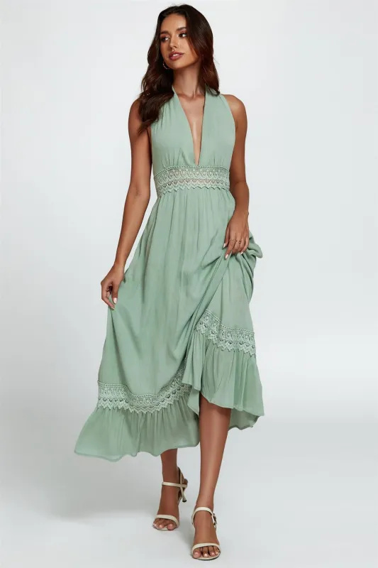 Lace Detail Adjustable Deep V Neckline Maxi Dress In Green by FS Collection sold by Goddiva