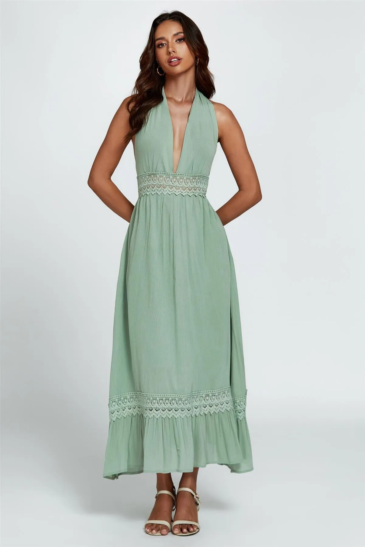 Lace Detail Adjustable Deep V Neckline Maxi Dress In Green by FS Collection sold by Goddiva product image thumbnail 4