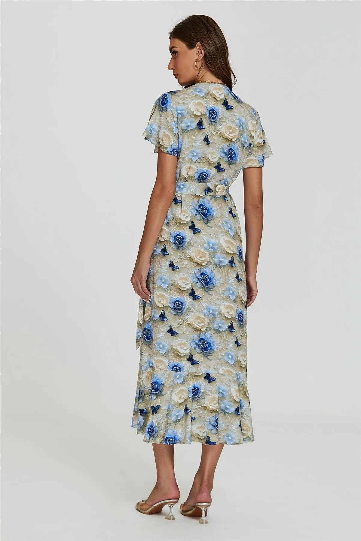 Floral Print Wrap Hem Midi Dress In Beige by FS Collection sold by Goddiva product image thumbnail 4