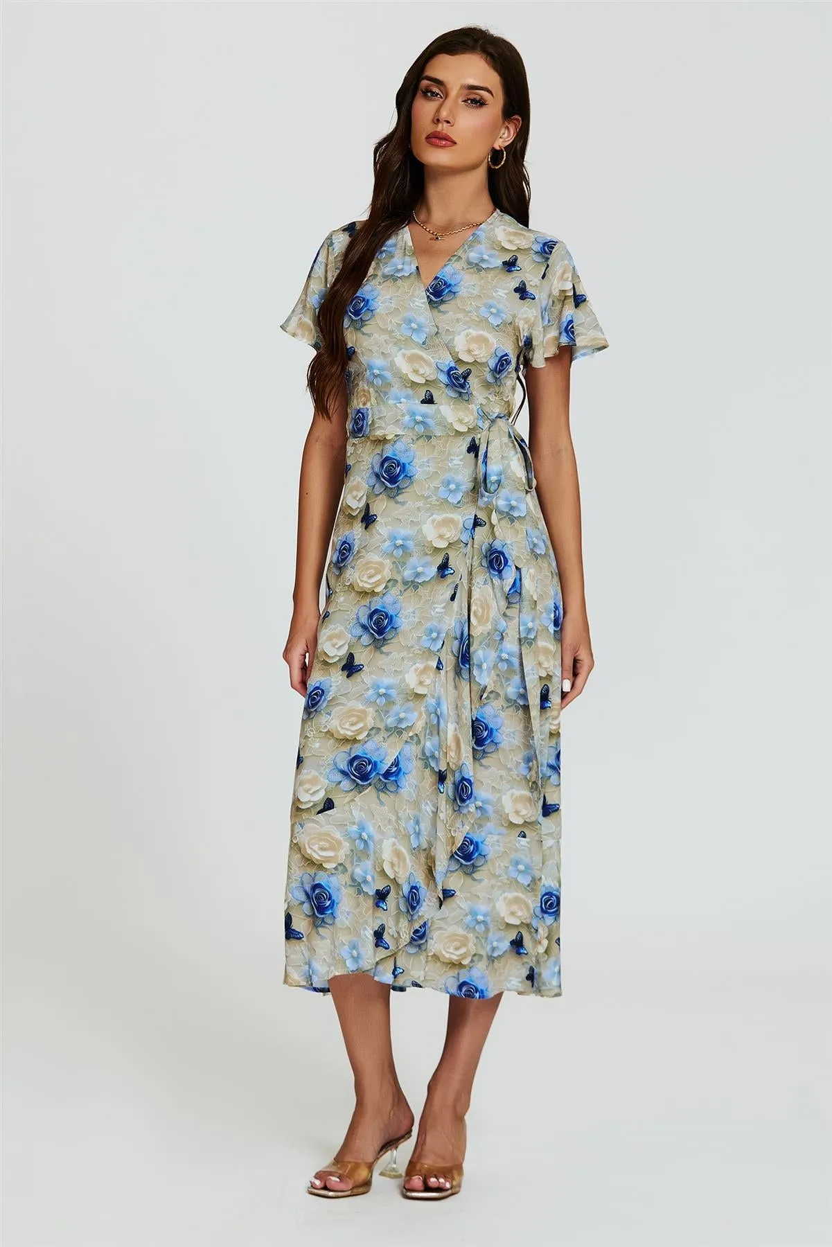 Floral Print Wrap Hem Midi Dress In Beige by FS Collection sold by Goddiva product image thumbnail 5