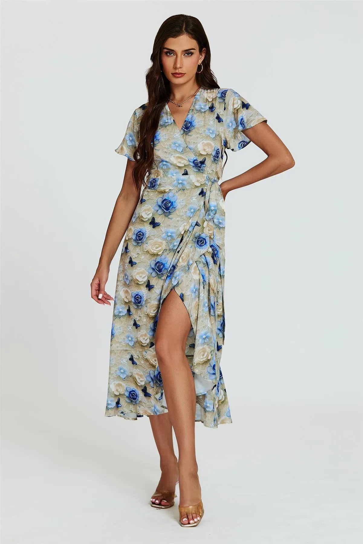 Floral Print Wrap Hem Midi Dress In Beige by FS Collection sold by Goddiva product image thumbnail 2