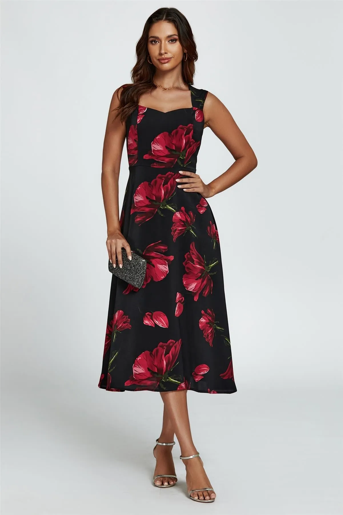 Floral Print Heart Neck Midi Dress In Black by FS Collection sold by Goddiva product image thumbnail 5