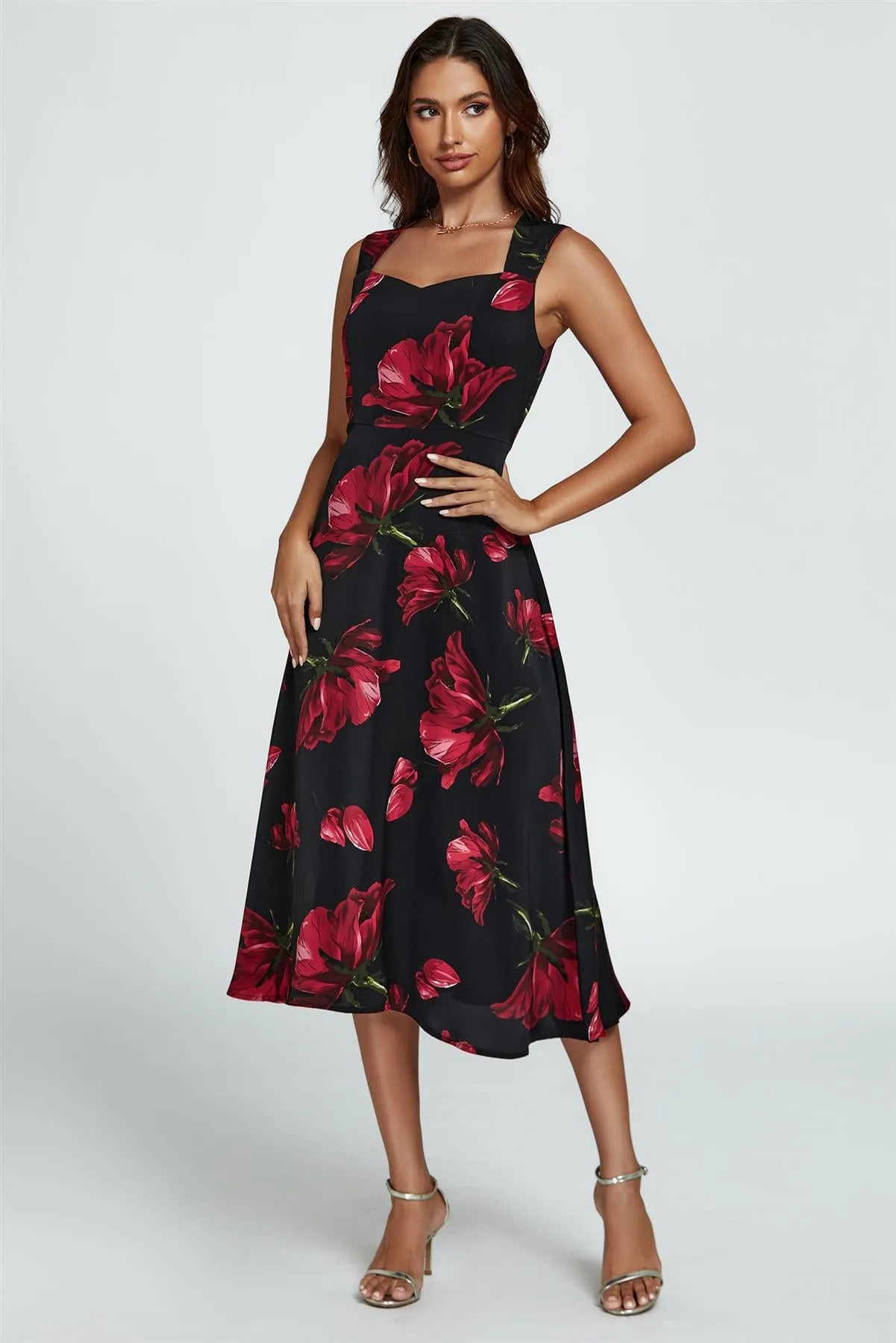 Floral Print Heart Neck Midi Dress In Black by FS Collection sold by Goddiva product image thumbnail 2